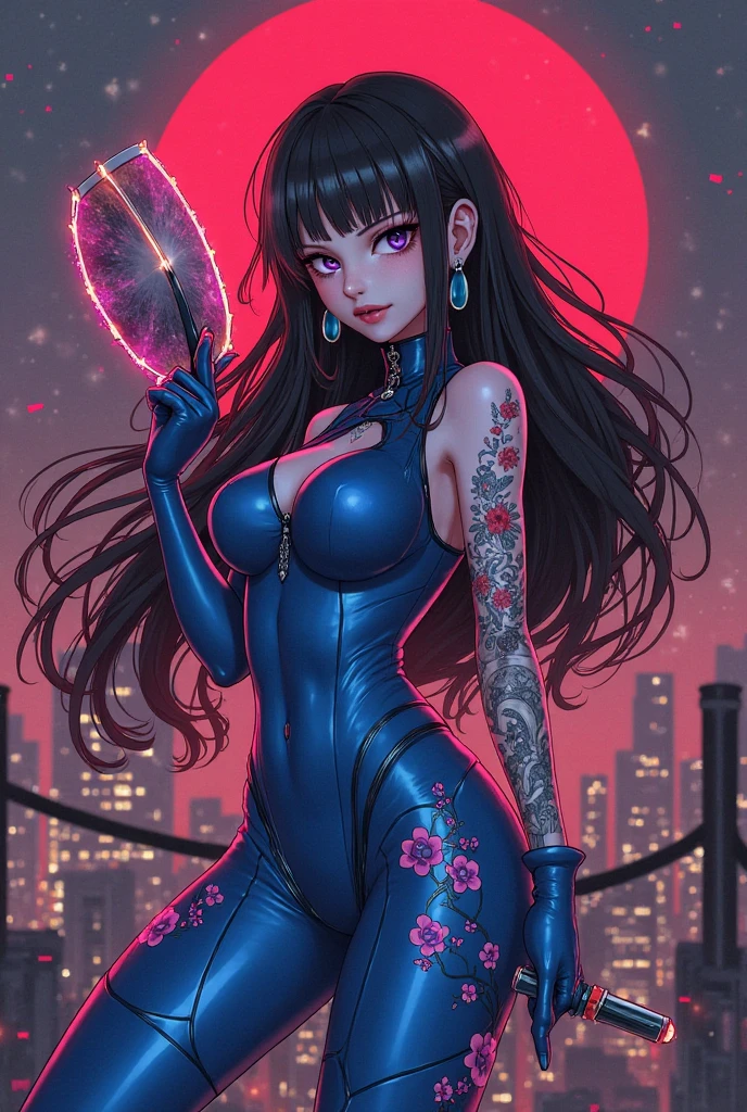 masterpiece, best quality, 1woman, (color),(finely detailed beautiful eyes and detailed face), cinematic lighting, bust photo,extremely detailed 8k CG unit wallpaper, solo, smile, ((flying petals)) ,(flowery meadow) sky, céu_nublado, construction, moonlight, moon, night, (dark theme: 1.2), light, fantasy, cyberpunk future japan: 1.5, she has long black hair with ponytail, white skin,  wears makeup, lipstick, choker, nice cyberpunk japanese clothes, she is a mercenary from a cyberpunk game,