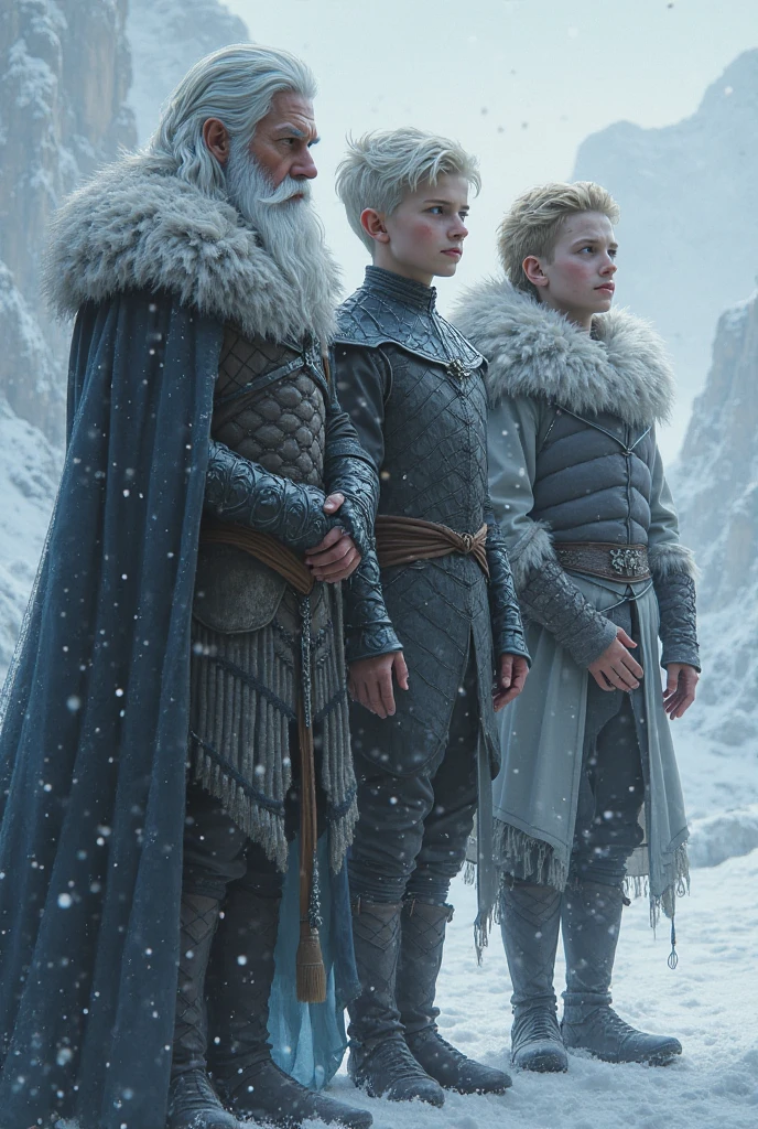 Three people with their backs turned, Father and sons,A large white-haired man with black armor, below the children, 2 twin 5-year-old children looking at the horizon.