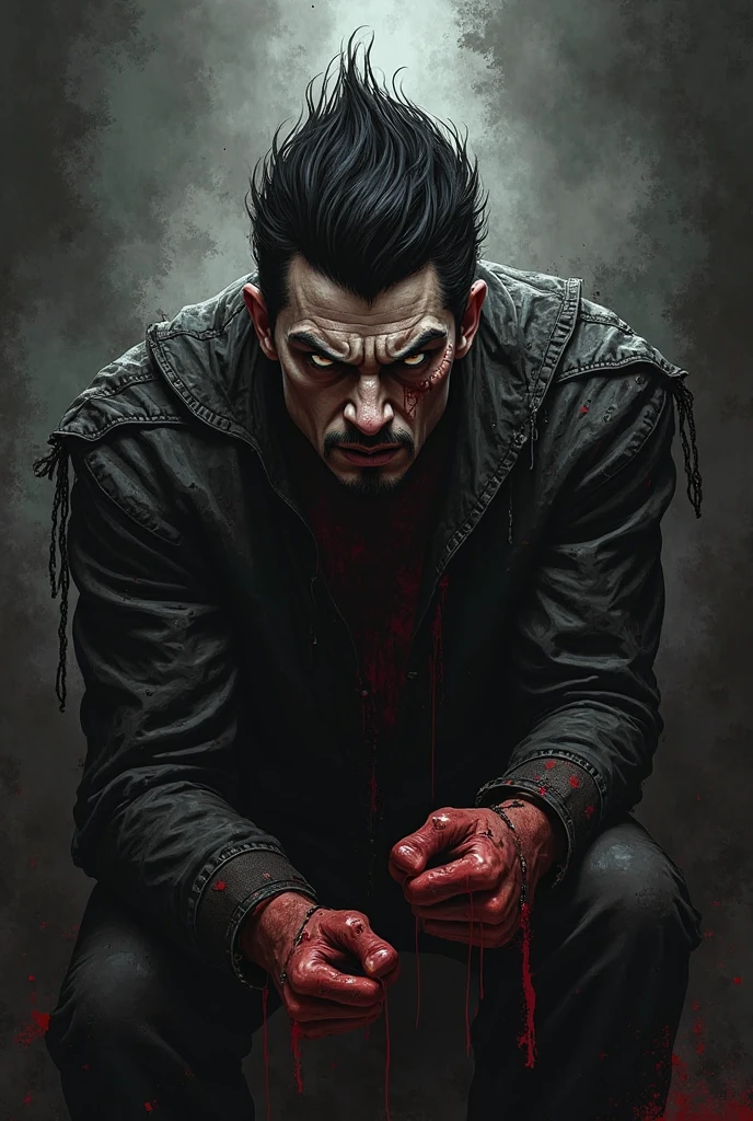 ((young zombie man)), ((bald man with black beard)) ((slim)) Character;((dark corruption)),empty eyes,red eyes,((bald man with black beard)), body; ((blood scar on face)),((blood scar on body)), ((pale zombie skin)), black sweatshirt and jeans;chain, Composition; looking at the viewer, from the side, looks up,Background; cemetery, black and white image, between shadows, oil painting, chiaroscuro, dramatic lighting, moody atmosphere, , dark and brooding, expressionist , powerful composition, emotional impact, art inspired by Bill Sienkiewicz
