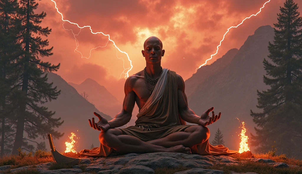 A bald indian yogi with musclea, he's wearing white yogi clothes, he doesn't have any facial hair, his eyes are open, his eyes are emitting blue light.