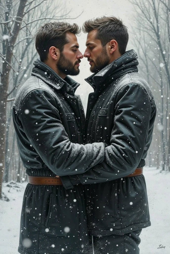2 anime 20 year old boys kissing. Both are wearing winter clothes cause its snowing. One is a photographer and the other is a gangster.