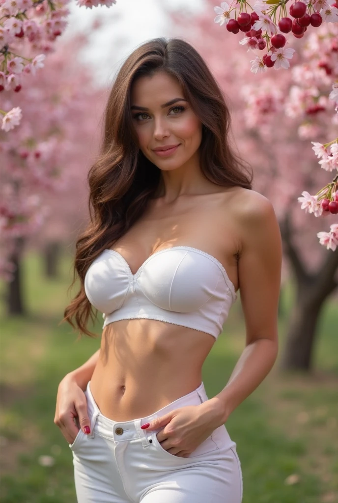 beautiful thin tan brunette woman with large breast in small polka dot bra and panties standing in a field of tulips