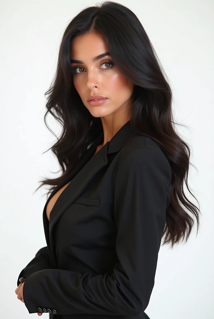 (a thin woman). (black, medium and wavy hair, parted in the middle). She is 20 years old. ((She wears a black blouse, black blazer and sophisticated black pants)). well-groomed and realistic hands. She is sitting in a modern leather armchair, white background, with a floor lamp. (photo must not be vulgar). Extremely realistic photo, 8k quality.