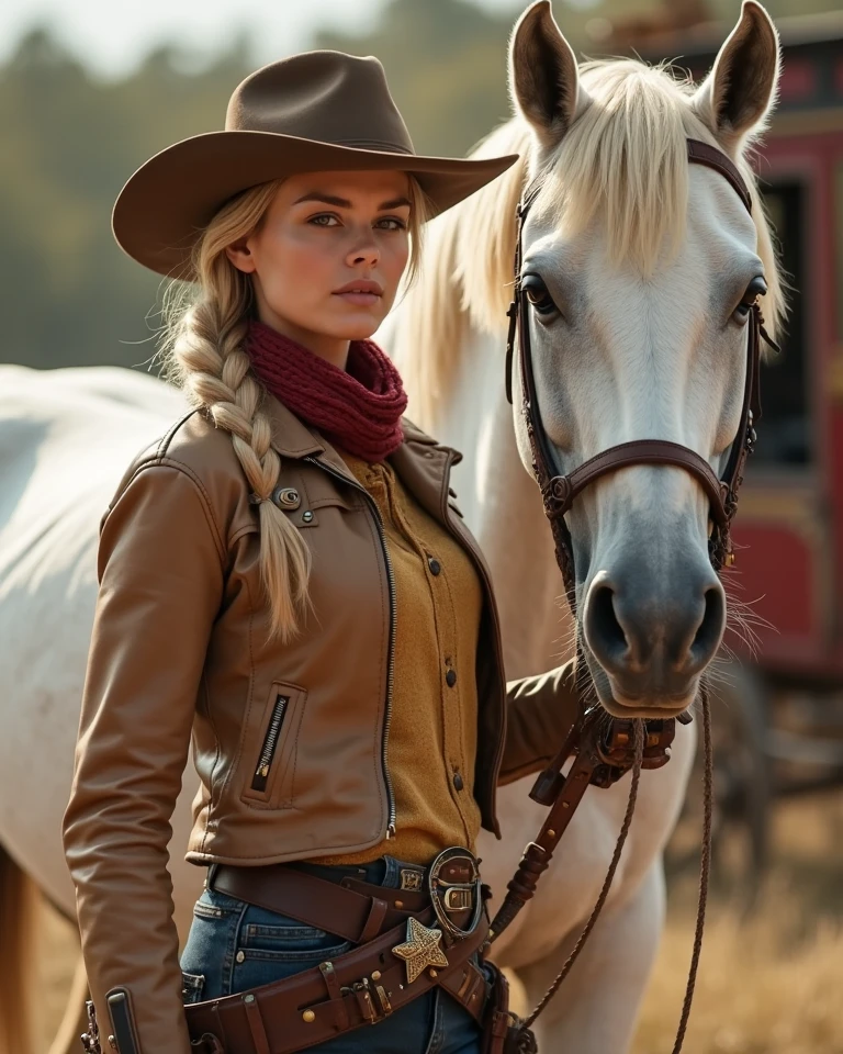 modelshoot style, (extremely detailed 8k wallpaper), beautiful portrait of a beautiful cute teen woman in western clothes, holstered gun, standing next to horse, shoulder - length blonde hair, buff, body, muscular, intricate, elegant, 8 k, highly detailed, smooth, sharp focus, by artgerm greg rutkowski alphonse mucha loish wlop