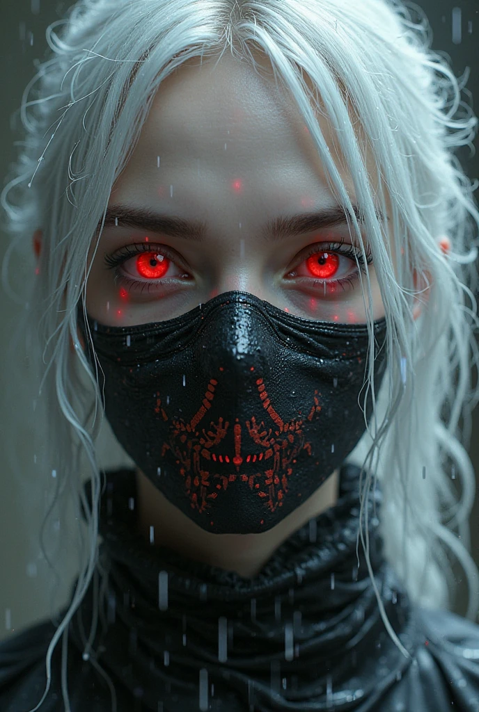 A close-up portrait of a young woman with long, flowing silver hair, wearing a black face mask adorned with a graphic design. Her striking red eyes contrast with her pale skin, and she has a serious expression. The background features soft gray tones, suggesting an atmospheric and moody setting. Delicate details, such as moisture droplets on her skin, enhance the dramatic effect.
a woman with white hair and a black mask on, beautiful cyberpunk girl face, stunning anime face portrait, anime vibes, cyberpunk horror style, anime cyberpunk art, aesthetic cyberpunk, cyberpunk anime girl, cyberpunk vibes, cyberpunk anime girl in hoodie, cyberpunk anime art, digital cyberpunk - anime art, cyberpunk face, with glowing red eyes, metal and glowing eyes, with red eyes
The style of the image appears to be a blend of fantasy and cyberpunk, characterized by its detailed and vibrant digital art. The depiction of a character with striking features, such as white hair and red eyes, along with elements like a mask and contemporary clothing, emphasizes a dystopian or futuristic theme. The use of dramatic colors and intricate details adds to the overall aesthetic, making it visually striking and immersive.
