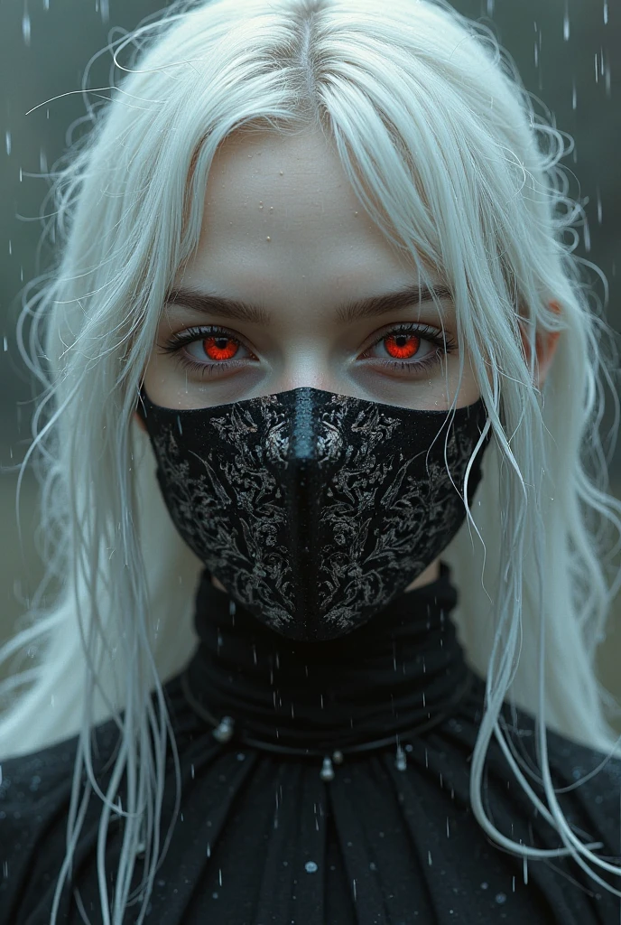 A close-up portrait of a young woman with long, flowing silver hair, wearing a black face mask adorned with a graphic design. Her striking red eyes contrast with her pale skin, and she has a serious expression. The background features soft gray tones, suggesting an atmospheric and moody setting. Delicate details, such as moisture droplets on her skin, enhance the dramatic effect.
a woman with white hair and a black mask on, beautiful cyberpunk girl face, stunning anime face portrait, anime vibes, cyberpunk horror style, anime cyberpunk art, aesthetic cyberpunk, cyberpunk anime girl, cyberpunk vibes, cyberpunk anime girl in hoodie, cyberpunk anime art, digital cyberpunk - anime art, cyberpunk face, with glowing red eyes, metal and glowing eyes, with red eyes
The style of the image appears to be a blend of fantasy and cyberpunk, characterized by its detailed and vibrant digital art. The depiction of a character with striking features, such as white hair and red eyes, along with elements like a mask and contemporary clothing, emphasizes a dystopian or futuristic theme. The use of dramatic colors and intricate details adds to the overall aesthetic, making it visually striking and immersive.
