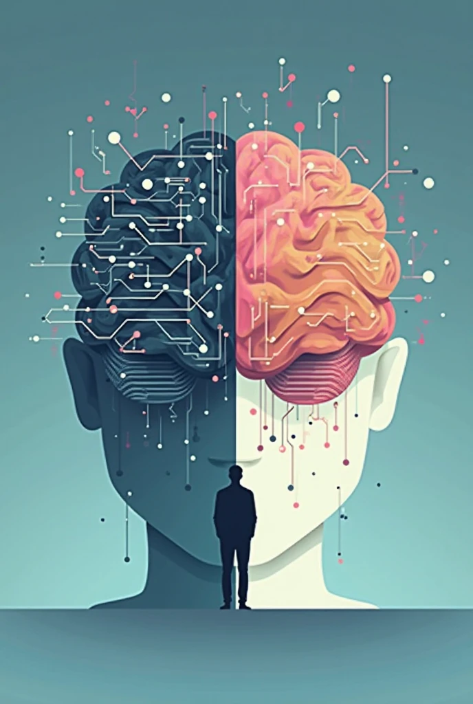 Illustration of a split brain, with one half filled with social symbols and the other with logic symbols or numbers: It represents the contrast between intellectual abilities and social challenges..