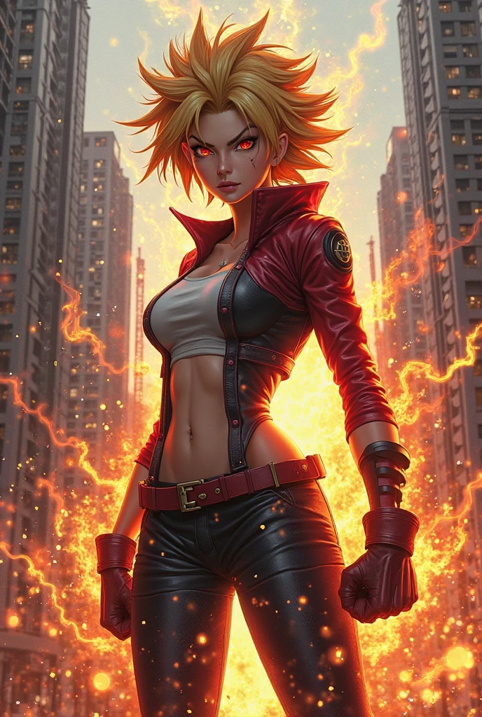 Full body image, ((1 girl in maid/Batman/Spiderman costume, huge breasts, strong musculature)), front, looking at viewer, furious, Super Saiyan 2 Red hair, red eyes, ((appearance from Super Saiyan 2)), body and clothes completely wet, background of city destroyed with heavy rain and flooding, anime, ((Super Saiyan Ultra Instinct)), Dragon Ball, mortal kombat, masterpiece, (16k:1.6), (high details:1.6), (high quality:1.6), (maximum resolution:1.6)