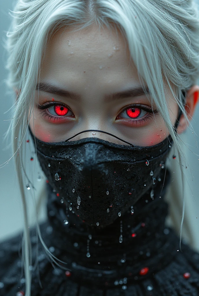 A close-up portrait of a young woman with long, flowing silver hair, wearing a black face mask adorned with a graphic design. Her striking red eyes contrast with her pale skin, and she has a serious expression. The background features soft gray tones, suggesting an atmospheric and moody setting. Delicate details, such as moisture droplets on her skin, enhance the dramatic effect.
a woman with white hair and a black mask on, beautiful cyberpunk girl face, stunning anime face portrait, anime vibes, cyberpunk horror style, anime cyberpunk art, aesthetic cyberpunk, cyberpunk anime girl, cyberpunk vibes, cyberpunk anime girl in hoodie, cyberpunk anime art, digital cyberpunk - anime art, cyberpunk face, with glowing red eyes, metal and glowing eyes, with red eyes
The style of the image appears to be a blend of fantasy and cyberpunk, characterized by its detailed and vibrant digital art. The depiction of a character with striking features, such as white hair and red eyes, along with elements like a mask and contemporary clothing, emphasizes a dystopian or futuristic theme. The use of dramatic colors and intricate details adds to the overall aesthetic, making it visually striking and immersive.
