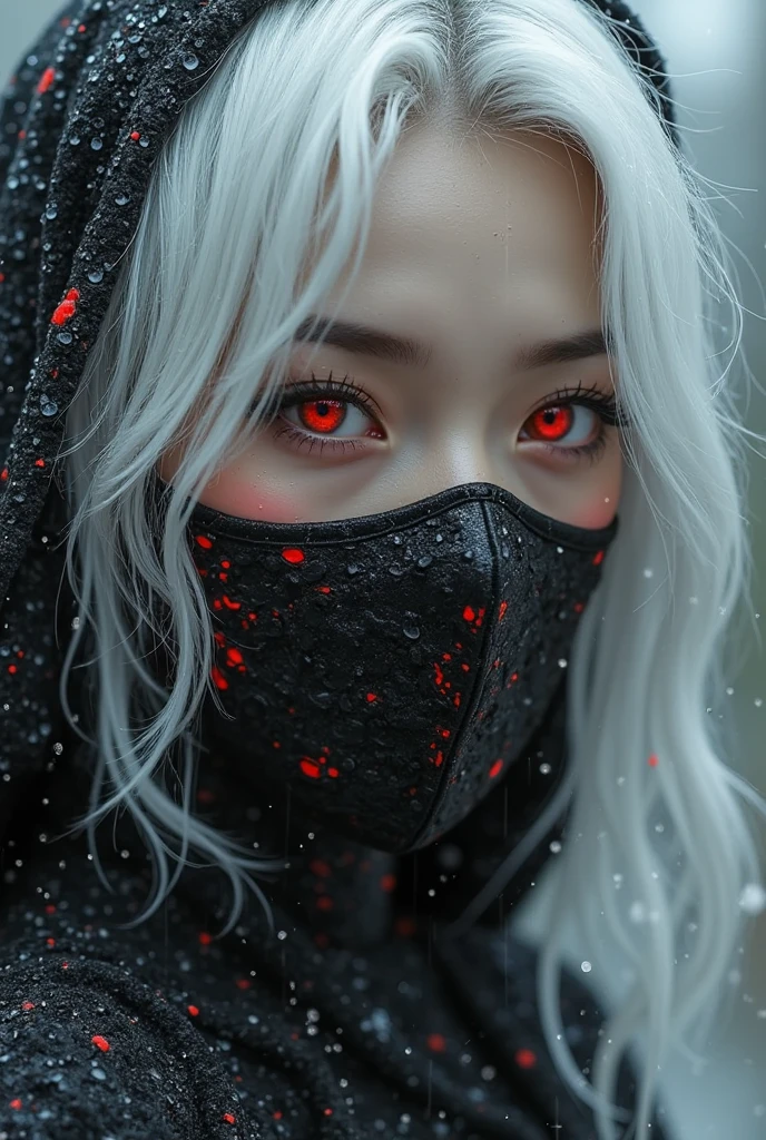 A close-up portrait of a young woman with long, flowing silver hair, wearing a black face mask adorned with a graphic design. Her striking red eyes contrast with her pale skin, and she has a serious expression. The background features soft gray tones, suggesting an atmospheric and moody setting. Delicate details, such as moisture droplets on her skin, enhance the dramatic effect.
a woman with white hair and a black mask on, beautiful cyberpunk girl face, stunning anime face portrait, anime vibes, cyberpunk horror style, anime cyberpunk art, aesthetic cyberpunk, cyberpunk anime girl, cyberpunk vibes, cyberpunk anime girl in hoodie, cyberpunk anime art, digital cyberpunk - anime art, cyberpunk face, with glowing red eyes, metal and glowing eyes, with red eyes
The style of the image appears to be a blend of fantasy and cyberpunk, characterized by its detailed and vibrant digital art. The depiction of a character with striking features, such as white hair and red eyes, along with elements like a mask and contemporary clothing, emphasizes a dystopian or futuristic theme. The use of dramatic colors and intricate details adds to the overall aesthetic, making it visually striking and immersive.
