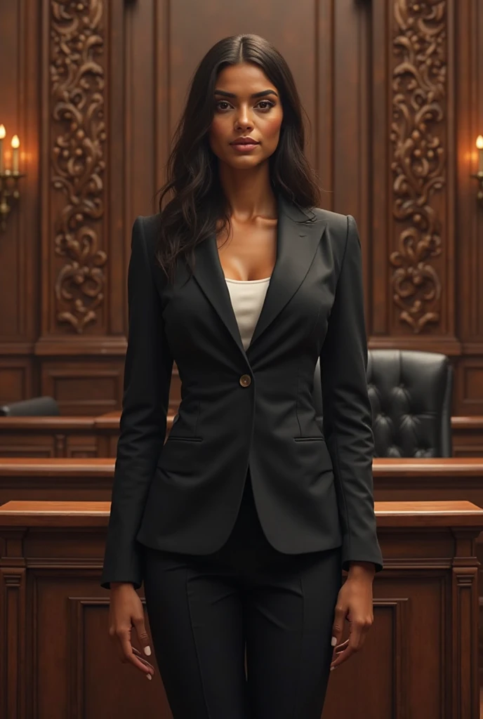 4k cinematic, Claire Wong, a sophisticated and no-nonsense 3 lawyer, who has super sexually attractive body, is depicted in a luxurious courtroom, standing confidently before a judge. She is dressed in a perfectly fitted black pencil skirt and blazer, her hair styled in a sleek, straight bob that adds to her sharp, professional appearance. Her piercing gaze and calm demeanor command the attention of everyone in the room as she delivers her arguments with precision. The courtroom is grand, with dark wood paneling and elegant architecture, emphasizing the seriousness and authority of the scene. 