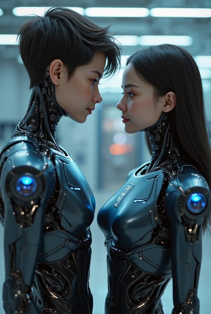 A 25 year old realistic real man in jacket clothes and a female robot passionately lingering hugging and kissing, complex 3d rendering very detailed beautiful ceramic silhouette female robot face, robot, robot parts, 150mm, beautiful studio soft light, edge light, vibrant details, luxurious cyberpunk, lace, surrealism, anatomy, facial muscles, cable wire, microchip, elegant, beautiful background, octane rendering, HR Giger style, 8k, best quality, masterpiece, illustration, very refined and beautiful, very detailed, CG, unified, wallpaper, (realism, realism: 1.37), amazing, fine detail, masterpiece, best quality, full body,