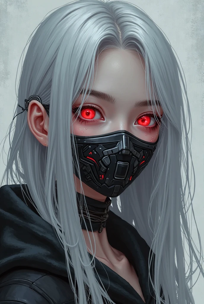 A close-up portrait of a young woman with long, flowing silver hair, wearing a black face mask adorned with a graphic design. Her striking red eyes contrast with her pale skin, and she has a serious expression. The background features soft gray tones, suggesting an atmospheric and moody setting. Delicate details, such as moisture droplets on her skin, enhance the dramatic effect.
a woman with white hair and a black mask on, beautiful cyberpunk girl face, stunning anime face portrait, anime vibes, cyberpunk horror style, anime cyberpunk art, aesthetic cyberpunk, cyberpunk anime girl, cyberpunk vibes, cyberpunk anime girl in hoodie, cyberpunk anime art, digital cyberpunk - anime art, cyberpunk face, with glowing red eyes, metal and glowing eyes, with red eyes
The style of the image appears to be a blend of fantasy and cyberpunk, characterized by its detailed and vibrant digital art. The depiction of a character with striking features, such as white hair and red eyes, along with elements like a mask and contemporary clothing, emphasizes a dystopian or futuristic theme. The use of dramatic colors and intricate details adds to the overall aesthetic, making it visually striking and immersive.
