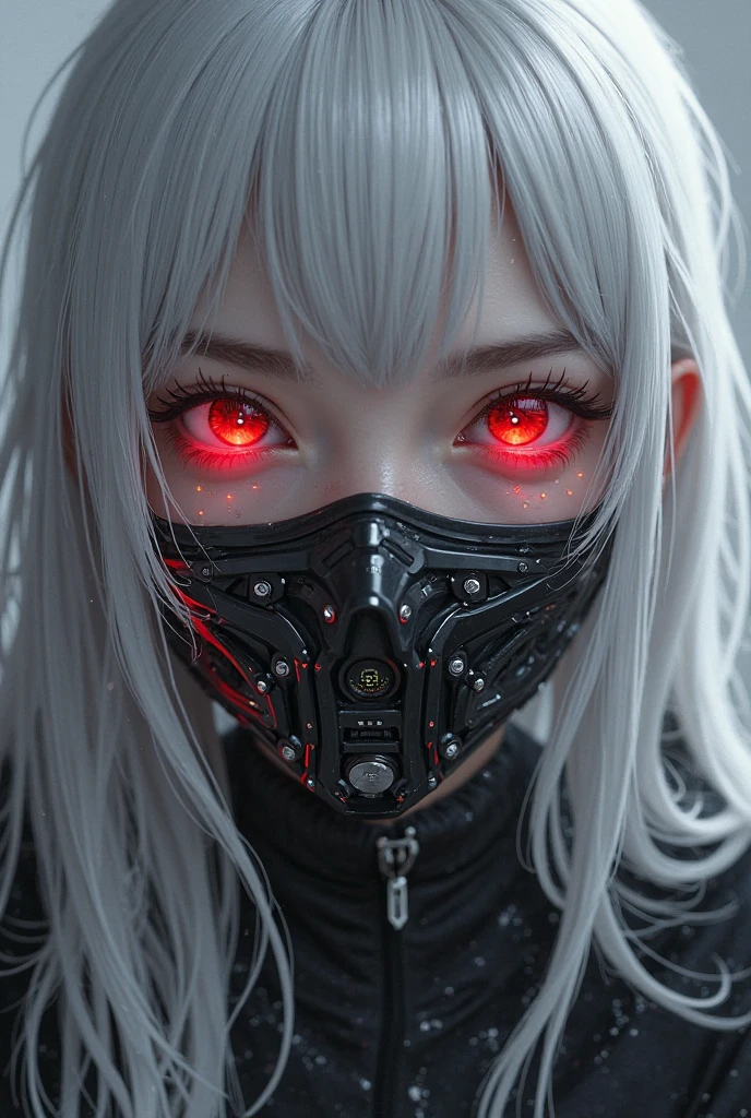 A close-up portrait of a young woman with long, flowing silver hair, wearing a black face mask adorned with a graphic design. Her striking red eyes contrast with her pale skin, and she has a serious expression. The background features soft gray tones, suggesting an atmospheric and moody setting. Delicate details, such as moisture droplets on her skin, enhance the dramatic effect.
a woman with white hair and a black mask on, beautiful cyberpunk girl face, stunning anime face portrait, anime vibes, cyberpunk horror style, anime cyberpunk art, aesthetic cyberpunk, cyberpunk anime girl, cyberpunk vibes, cyberpunk anime girl in hoodie, cyberpunk anime art, digital cyberpunk - anime art, cyberpunk face, with glowing red eyes, metal and glowing eyes, with red eyes
The style of the image appears to be a blend of fantasy and cyberpunk, characterized by its detailed and vibrant digital art. The depiction of a character with striking features, such as white hair and red eyes, along with elements like a mask and contemporary clothing, emphasizes a dystopian or futuristic theme. The use of dramatic colors and intricate details adds to the overall aesthetic, making it visually striking and immersive.

