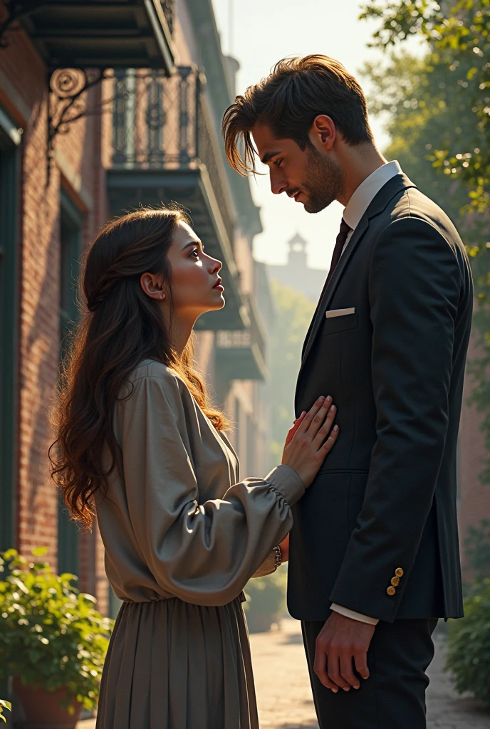 best quality,realistic,man in suit,beautiful woman,hugging from behind,seamless interaction,detailed facial features,gentle expression,tasteful background setting,romantic atmosphere,warm lighting,vivid colors,professional photography,soft focus,blurred background,subtle elegance,artistic composition,high-resolution,love and affection,lovers,emotional connection,embrace,
