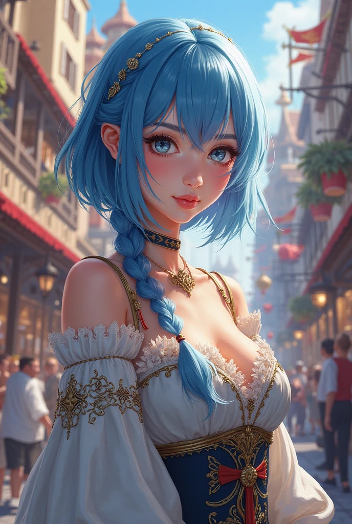 Aqua, 1girl, blue hair, blue eyes, very long hair, hair ornament, blue top, cleavage, micro skirt, translucent hem, cowboy shot, smile, water fountain, fantasy medieval town, <lora:aquaKonosubaStr07-1Triggers Aqua, 1girl, blue hair, blue eyes, very long hair, hair ornament:.8>, masterpiece, best quality, absurdres, highres, 4k, ray tracing, perfect face, perfect eyes, intricate details, highly detailed