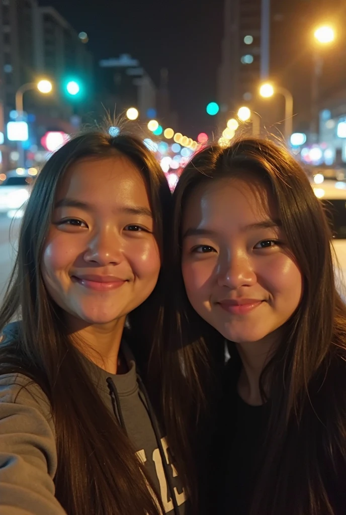 two smiling girls、The night view is the background、One girl has black hair in a ponytail and a red hoodie with an R written on it.、The other girl has a black hoodie with M written on it.