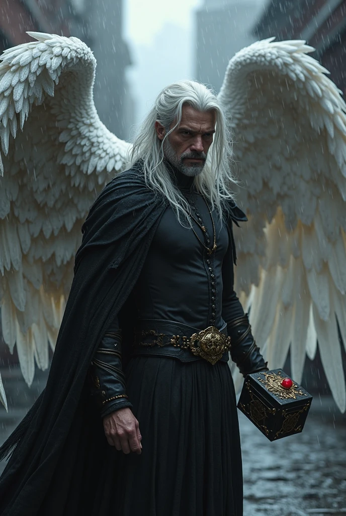 a tall, muscular man . long white hair. He has huge white wings - SeaArt AI