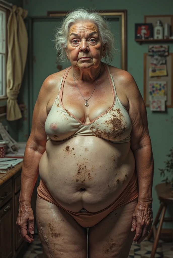 Generate a full body frontal image of a 50 year old Afro-Brazilian black grandmother,  completely naked,  wearing large prescription glasses, with short wavy black hair with gray tones and disheveled, the face with expression lines due to age, small mouth, full lips with signs of age, protruding nose, obese body with average height showing his age, large, voluminous, saggy breasts, wide hip, legs thick, thick-thighs, voluminous shaved vagina, and she is standing smiling and with an imposing look drinking a beer and with a cigarette in her hand leaning on the sink counter of a humble and precarious kitchen at night.
