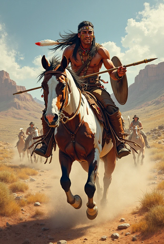 A muscular and warlike Indian with a large, wild horse, with a fighting attitude, Hyperrealistic and Western style of the 19th century from the year 1870