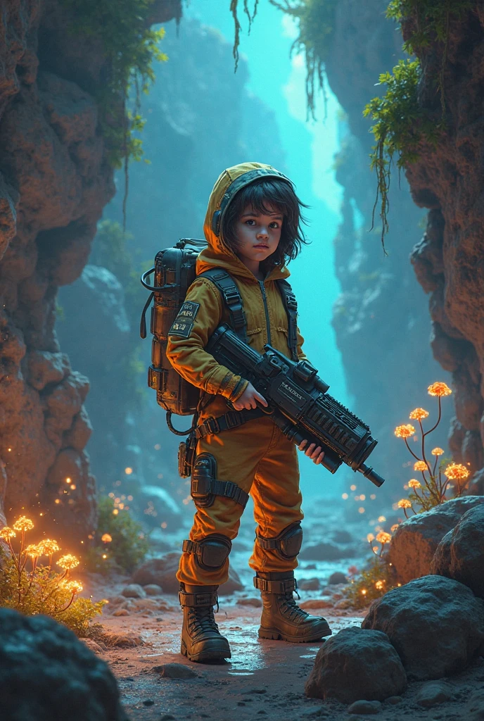 Dense jungle，Rough and damp trees，Huge thick vine，weeds，water puddles，marshes，Piranha，（（A 5-year-old child stands in front of a huge alien spaceship）），（（cute ???，both sexes，，Very short）），Thick hammer，Jump into the air to hit，Dungeon game style，adventurer clothing，brutal，bloodthirsty，attacking，bloods，heavy bleeding，super-fine，Works of masters，high qulity，8K分辨率，depth of fields，电影灯光，Epic shooting