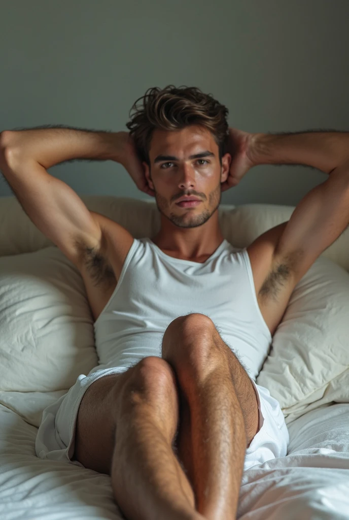 a man, slightly muscular, with brown hair and eyes, shirtless, wearing white underwear, sitting on the sofa in the living room