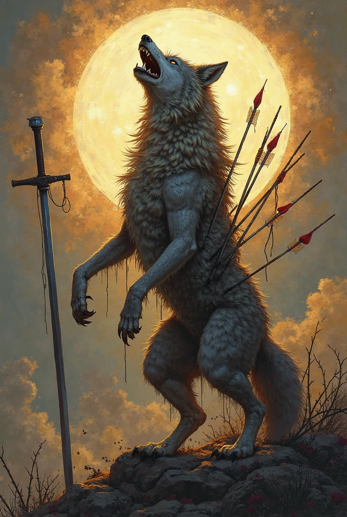 Full body image, 8k, masterpiece, Most detailed, Highest quality, Perfect look. Too real oil, create a sense of fit, male, Sunburn, logic, Bouncing, naked, Grey Wolf, (Long Hair:1.3), dark theme, Dense forest, full moon, night, dark,