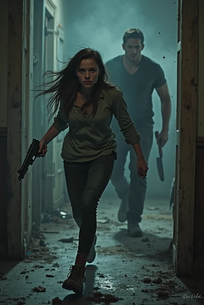 A woman running away from a man and then locking herself in a room