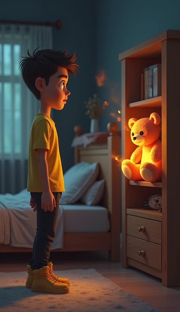 Description : An eight year old, Elias, with tousled brown hair, holds an old teddy bear. The boy is standing in a dark attic, illuminated by a ray of light entering through a window. The attic is cluttered with old boxes, of furniture covered with sheets, and hanging spider webs.