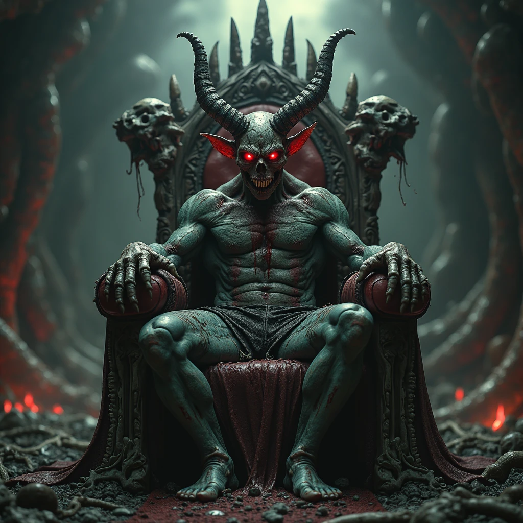 Highly detailed, horror enviornment, Beelzebub sitting on the chair and smirking to the visible suffering souls, 8k