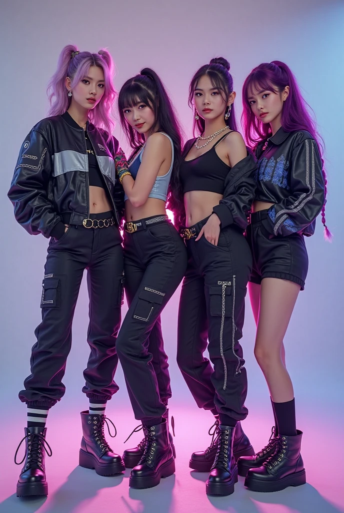 Create a realistic image of Crystal Dream is a K-pop group made up of four Asian girls, each with a unique style and appearance. Work, the leader, she is slender, with jet black hair and blue highlights, dark brown eyes, and an elegant style with modern dresses. Yumi, the main vocalist, is thin, with light brown hair and golden highlights, amber eyes, and a romantic style with floral skirts and blouses. Minji, the rapper, she is athletic, with silver hair and violet tips, grey eyes, and an urban style with street clothes and oversized jackets. sora, the main dancer, is thin, with black hair and red highlights, black eyes, and a sporty style with crop tops and leggings.