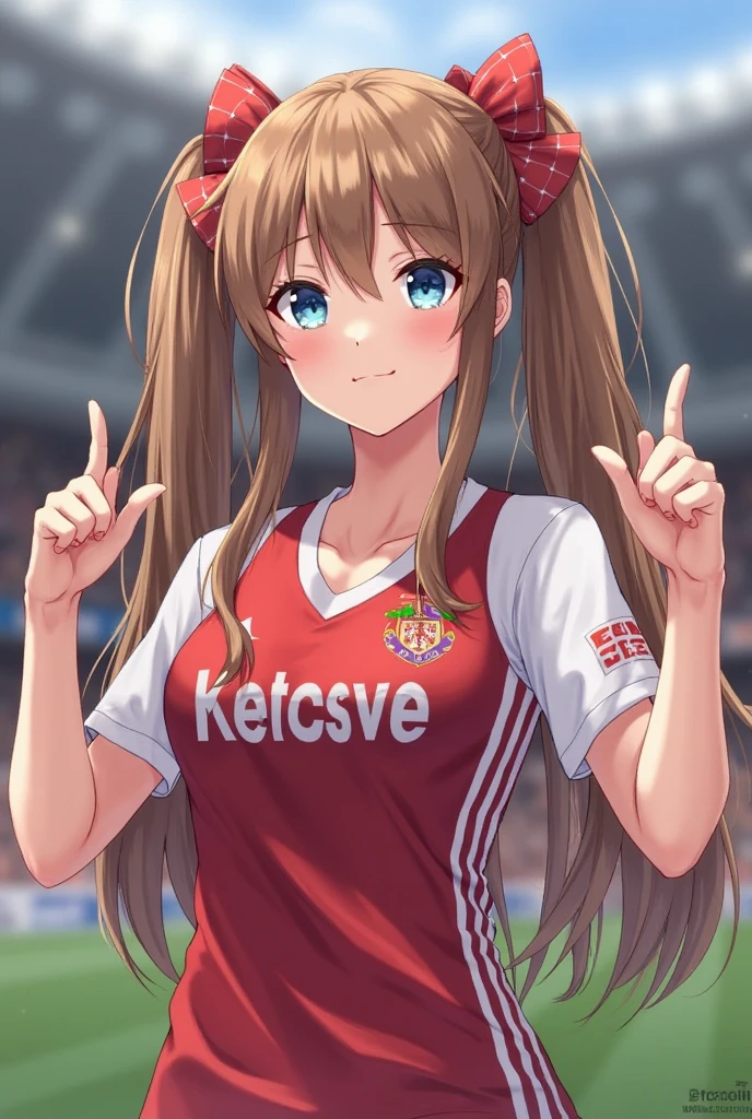 girl, sexy,soccer player,red football shirt,long hair,