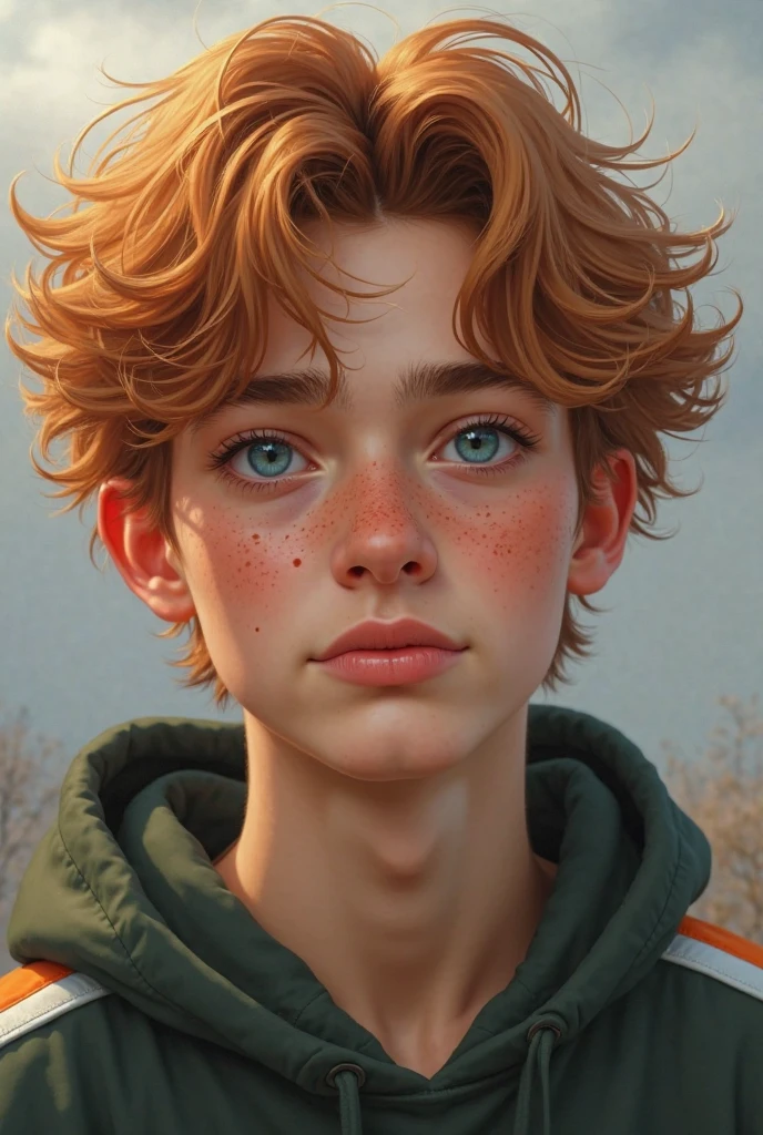 Create a picture of a teenager handsome boy with strong body and ginger hair with honey color eyes 