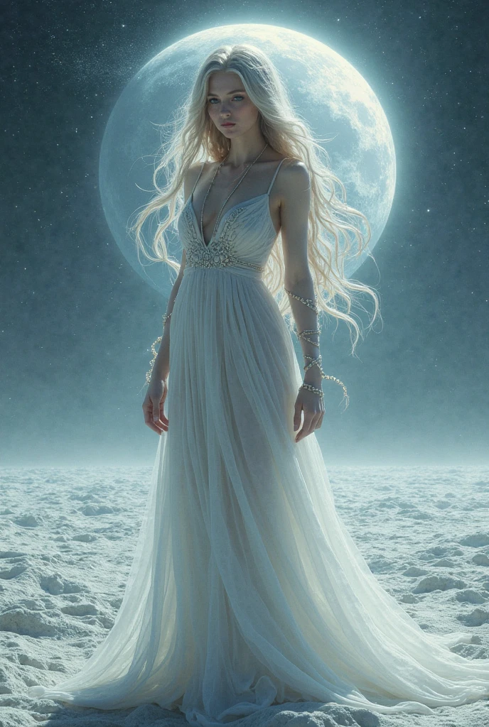 masterpiece, highest quality, 8k, A full moon filling the screen., 1 girl,White Dress,Straight Hair,Blonde