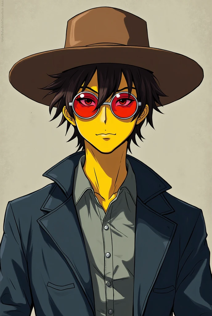 anime dark skinned guy with sunglasses holding a cigarette and wearing a black shirt under an brown leather jacket, inspired by Okumura Masanobu, smoking a joint, inspired by Okumura Togyu, inspired by Itō Ogura Yonesuke, tall anime guy with orange eyes, inspired by Hisui Sugiura[[[evening sky background]]], black hair, [[[dark brown hair streaks]]]