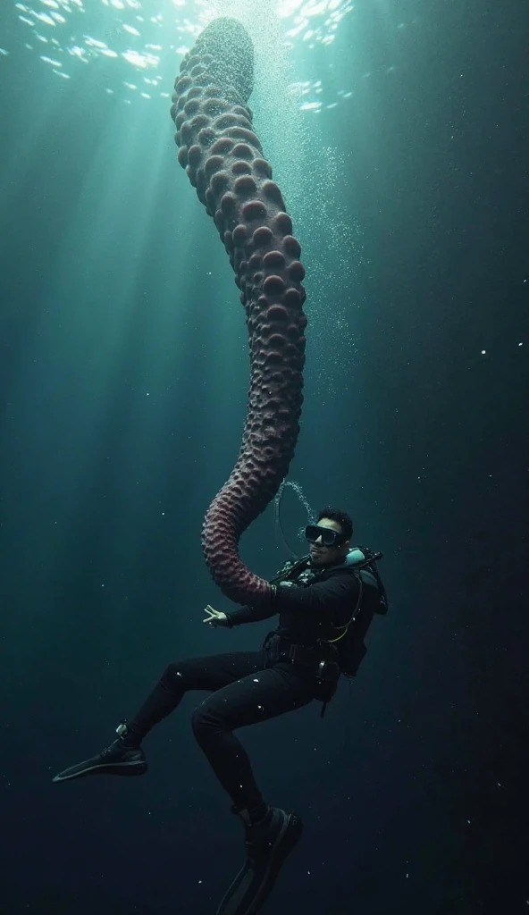(A 45-year-old middle-aged man floats on the water with bare limbs:1.5), (The crotch and limbs are entangled with giant octopus feet in dark purple:1.5), vast pecs，Broad shoulders，((Huge crotch bulge)), Bare upper body，Bare thighs to feet，White briefs，The whole body is wet，top shot，facing to audience，(Indecent expressions), Confused eyes，intricately details，High picture quality，High- sharpness，tmasterpiece，Textured skin，Dark colors，full bodyesbian，in a panoramic view，A lot of white space，real photo style，surrealism, Chiaroscuro, Cinematic lighting, Background：Slimy tentacles sticking out of the water，Dark water