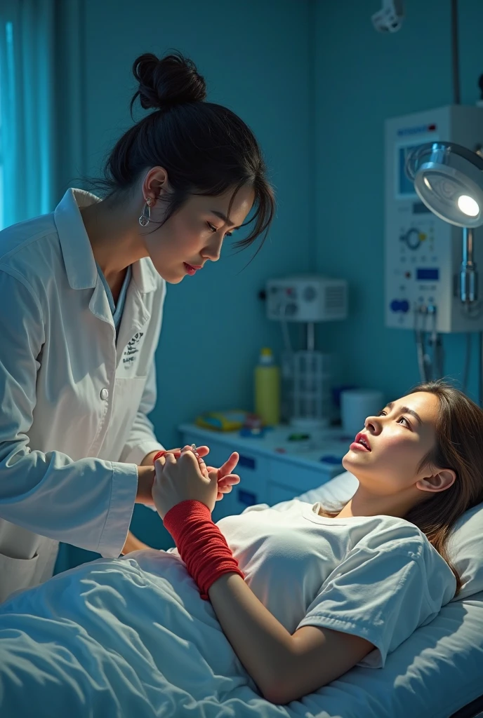 Female doctor crying in hospital with bleeding