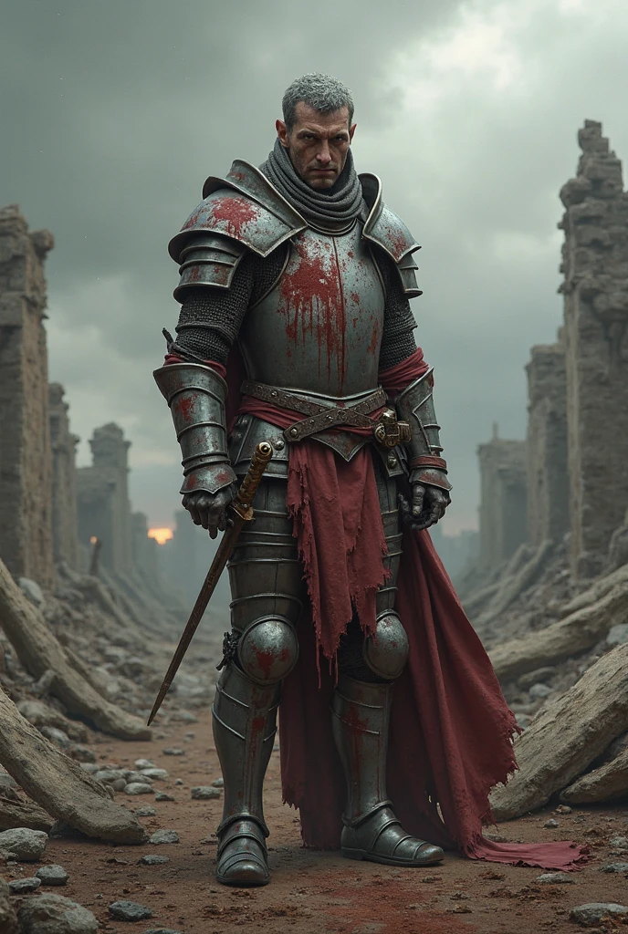 Knight with short black hair and beard Covered in blood and armor damaged