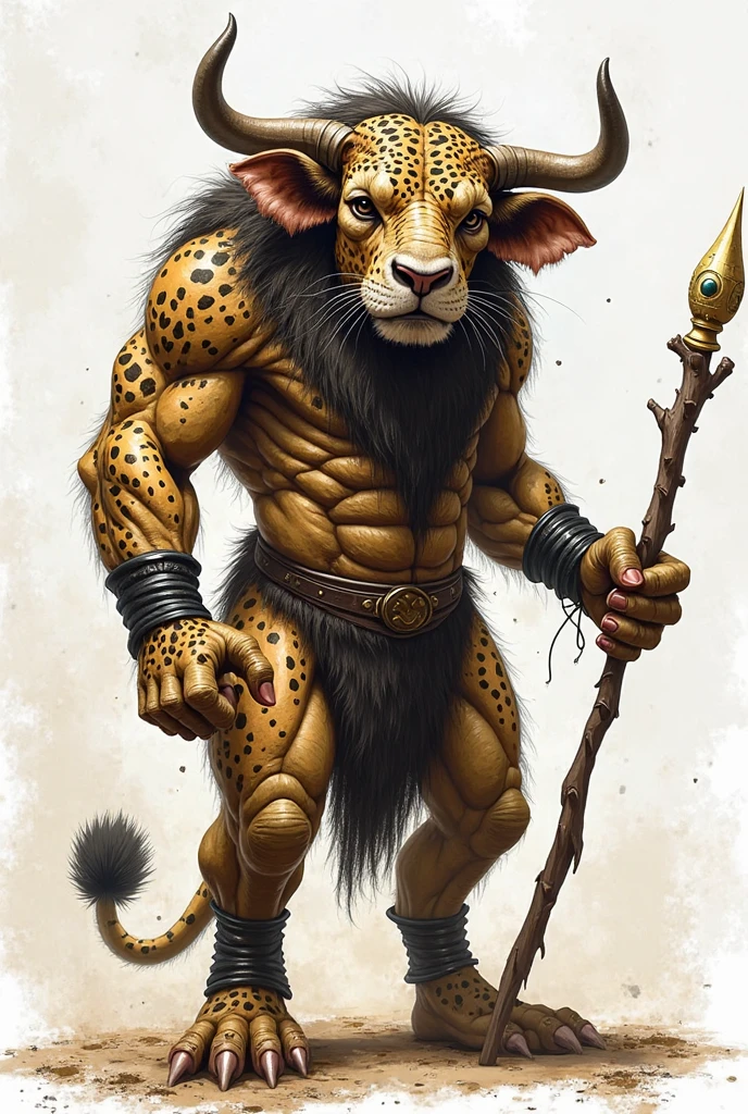 »The head is that of an ox; his eye is that of a pig; his ear is the ear of an elephant; his horn is the horn of an ibex; his neck is the neck of an ostrich; his chest is the chest of a lion; its color is the color of a leopard; his waist is the waist of a cat; his tail is the tail of a ram; and his legs are the legs of a camel. There is a distance of twelve arm spans between the joints.