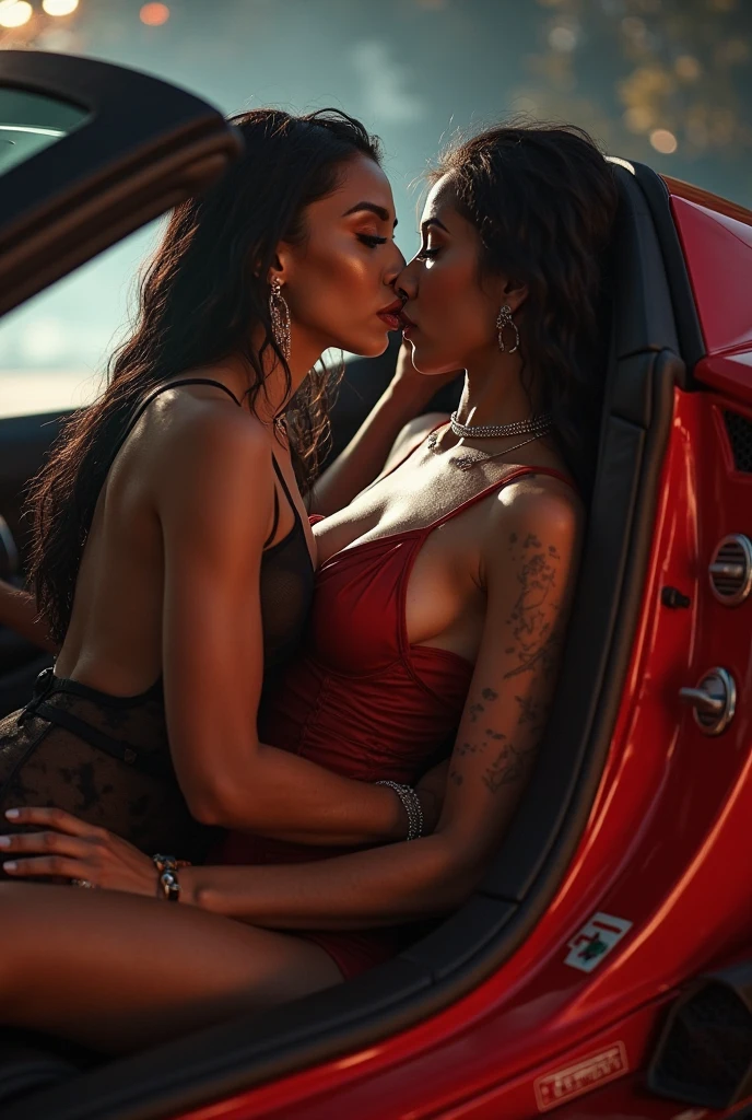Two russian old milf women: the dominant aggressive dark skinned black woman in business pinstripe suit (jacket and trousers), long nails and afro hair, sitting on the center of the back seat of a limousine with possessive stance (arms around her girlfriends' shoulders squishing her tightly, groping the body of the white woman with her other hand, like a predator on her prey). Next to her, her white rich drunk girlfriend leaning over her (very pale: pale face, pale neck, pale chest, pale arms, pale hands, pale stomach, pale leg), white woman stretches her neck, looks overwhelmed by her girlfriend. white woman is shy and submissive, feeling dizzy and needy, seduced, in laid back posture spreading her leg with hands on her neck and bra, chin up stretching her neck, arched back, wide open legs. White woman dresses in  rock chic style: Black shiny studded leather thong, grey hair (messy straight hair, middle part) and oversized square sunglasses as headband. Big lips. Black studded lace push up bra, silicone breasts. Barefoot.. Lots of thick wide studded bracelets in the wrists of the white woman, big pearl necklaces around the necks of the white woman, and big rings, Pearl earrings. Loose chins and around the hips of the white woman. White woman is lazy, leaning back and forward, and arching down her back.. The white woman is densely tattooed on neck, chest, arms, stomach, legs, wrists and feet. White woman havs well Toned abdominals, thin neck, slim legs and thin arms. Narrow hips. Full body. On the sofa of an expensive loft of NYC. Good illumination 