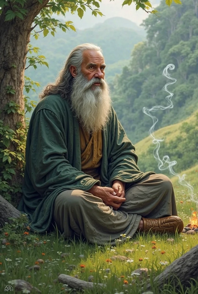 Bearded Master Wizard sitting on the grassy floor after a big battle ...