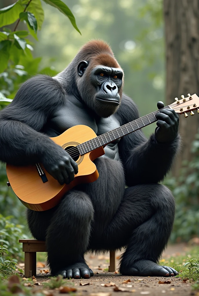 (a gorilla:1.1),(playing a guitar),(best quality,ultra-detailed),(realistic:1.37),(artistic portrait),(vivid colors),(warm tones),(studio lighting)