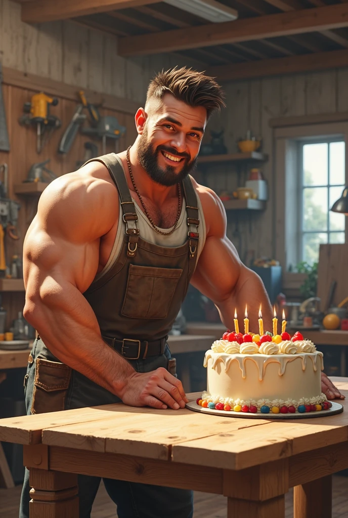 (8K, RAW photo, Highest quality) masterpiece, 1 young boy, 18 years old, Asian muscular man Look at viewer, standing forward, showing his huge muscular breasts, puffy nipples, sexy six packs, narrow waist, he is holding a plate with a birthday anniversary cake. The cake is big-sized, Huge birthday cake.Handsome, Topless, Thick body hair, man wearing thong underwear , birthday background, Sparkle & Sequin Backdrops , cinematic lighting, UHD