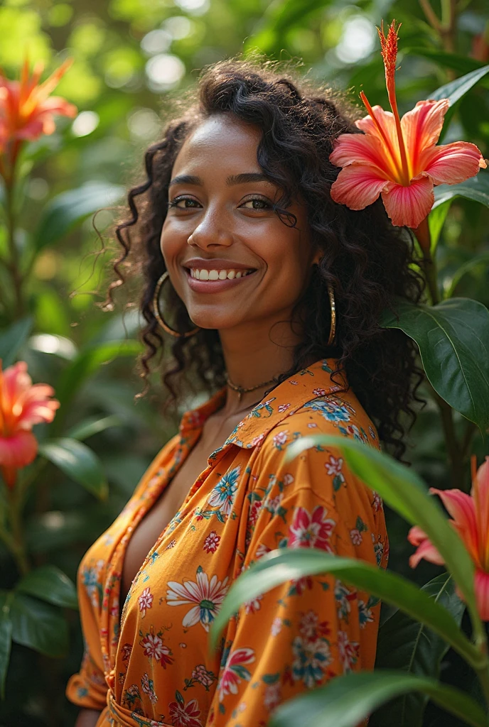A Brazilian woman in a lush tropical garden, wearing an open shirt with a floral print, with a close-up capturing the harmonious beauty between her breasts and the natural flowers, showing off your natural charm and outgoing personality.