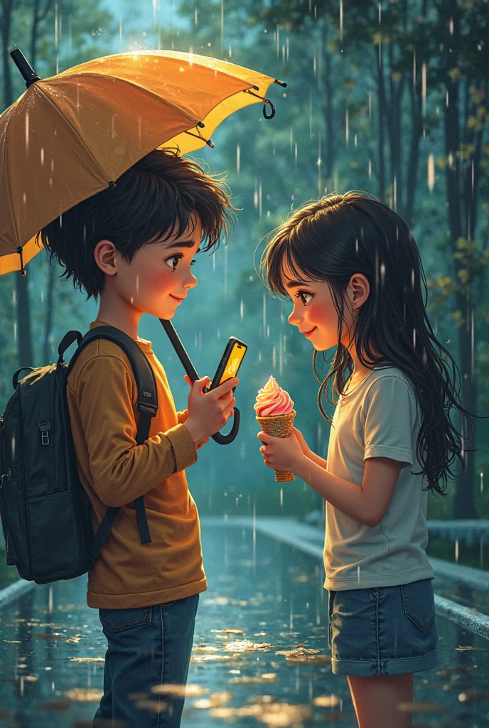 Description: Ángel look at her sad little sister (cielo) and Told her that if THE go home he IS going ti give her a chocolate wich is her favorite Candy so she acepted Happy (they still at forest)
Ángel: A 9-year-old small boy human with brown, slightly wavy, and messy hair. He wears glasses that frame his bright blue eyes. He is dressed in casual clothes with scratches and bruises on his arms and legs, showing his adventurous nature.
Cielo: A 4-year-old girl human with short brown hair that reaches just above her ears. She has a small pink flower in her hair. She wears a blue dress with tiny white floral
