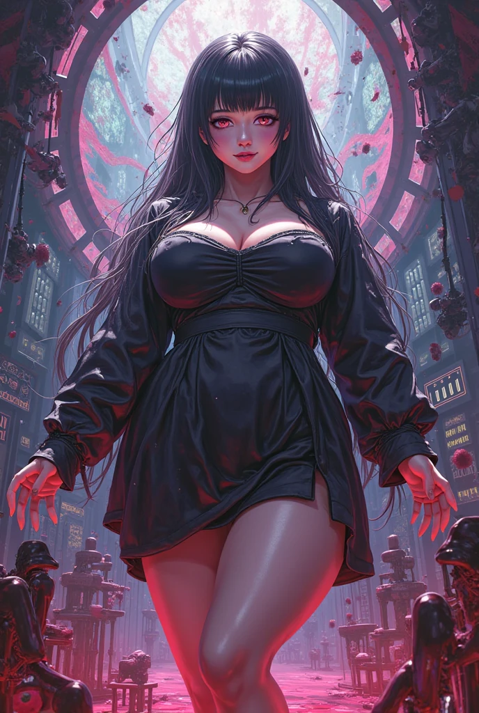 masterpiece,(bestquality),highlydetailed,ultra-detailed, cyberpunk, whole body, Dark black hair, Very long hair,,They are, Horn, (Large Breasts:1.2) , kimono, katana, (Muskyla:0.9), tall woman