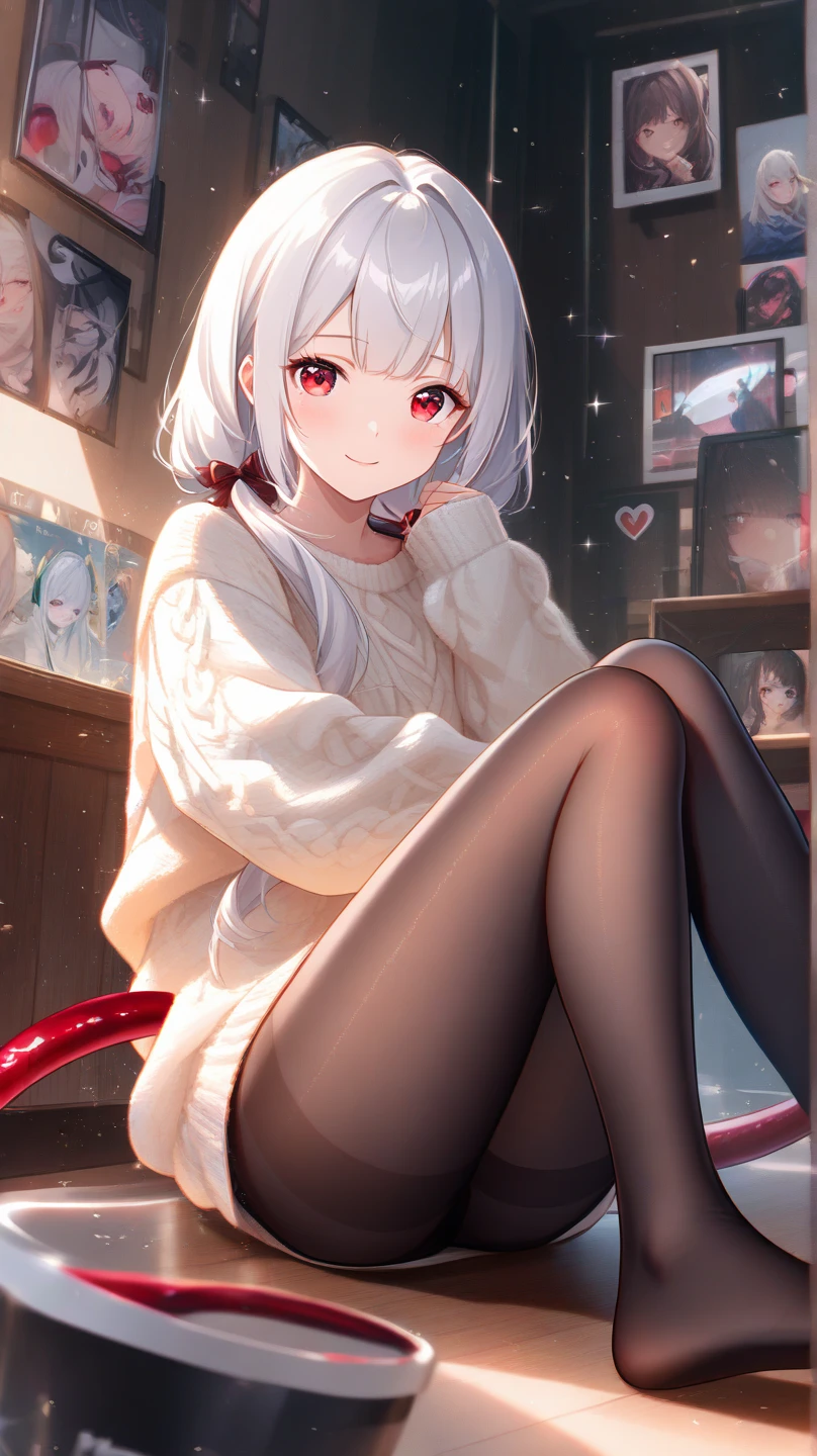 ((masterpiece, best quality, extremely detailed CG, unity 8k wallpaper,anatomically correct,ultra resolution)),Award-winning photography,(best illumination,Very Delicate and Beautiful),(one girl,solo,loli:1.5),(Vampire:1.45),silver hair,(twintails:1.2),glowing red eyes,(pale skin:1.45),(extremely beautiful and detailed face:1.2), (extremely beautiful and detailed eyes:1.2),perfect hands,delicate legs,((bat hair ornament)),(graceful,fashion),pointy ears,((sweater pajamas:1.4,bare foot)),(playing computer game:1.3),happy smile,(cute:1.5),((night, dark atmosphere, dark theme, darkness:1.5)),dramatic shadows,(dimly lit:1.5),blood on face,blood on floor, blood on walls,(blood mist,blood splash:1.4),depth of field,(indoor:1.2,bedroom:1.3,computer),(perfect human body structure with maximum precision)