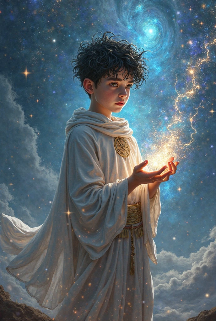 A young boy with a sweet smile, dressed in a flowing white robe with intricate golden adornment, holding a staff with a glowing orb at the top. His eyes shine with kindness and wisdom. The background is a soft, hazy blue, with clouds and a few stars twinkling in the distance.