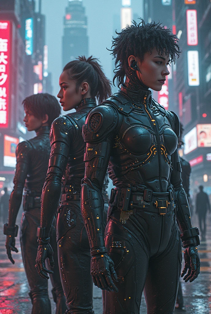 A highly detailed 32K image depicting a 20 year old cyberpunk female model with long purple dreadlocked hair flowing down the center of her head and shaved sides. She has intricate robotic augmentations and prosthetics that seamlessly blend human anatomy with futuristic machine parts. The mechanical enhancements across her body are photorealistic, with alloys, pistons, lights and wires fused to her biological form. Advanced techniques including raytracing, depth of field and multi-layered texturing create an immersive view of this human-machine hybrid. She has a powerful stance, radiating both human essence and technological prowess. The image visualizes a cyberpunk future where human limitation is transcended via the integration of biomechanics. Her unique dreadlocked hairstyle symbolizes the fusion of natural human aesthetics with synthetic cybernetic enhancements.