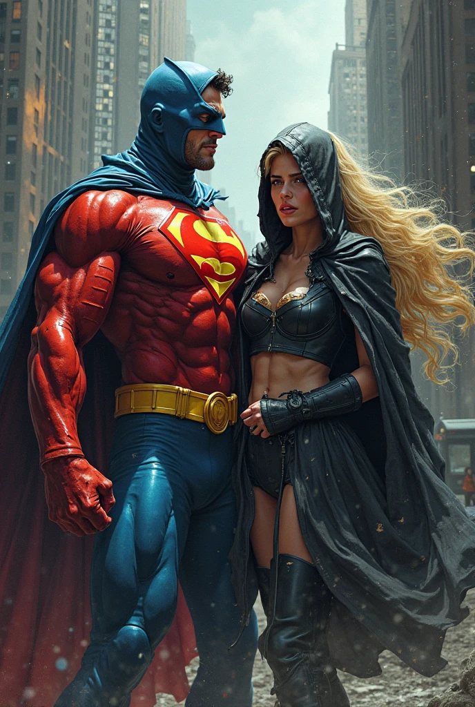 batman is hugging supergirl from behind, in the rain, at nightime